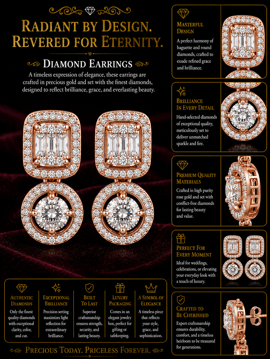Halo Diamond Drop Earrings in Silver & Rose Gold Finish