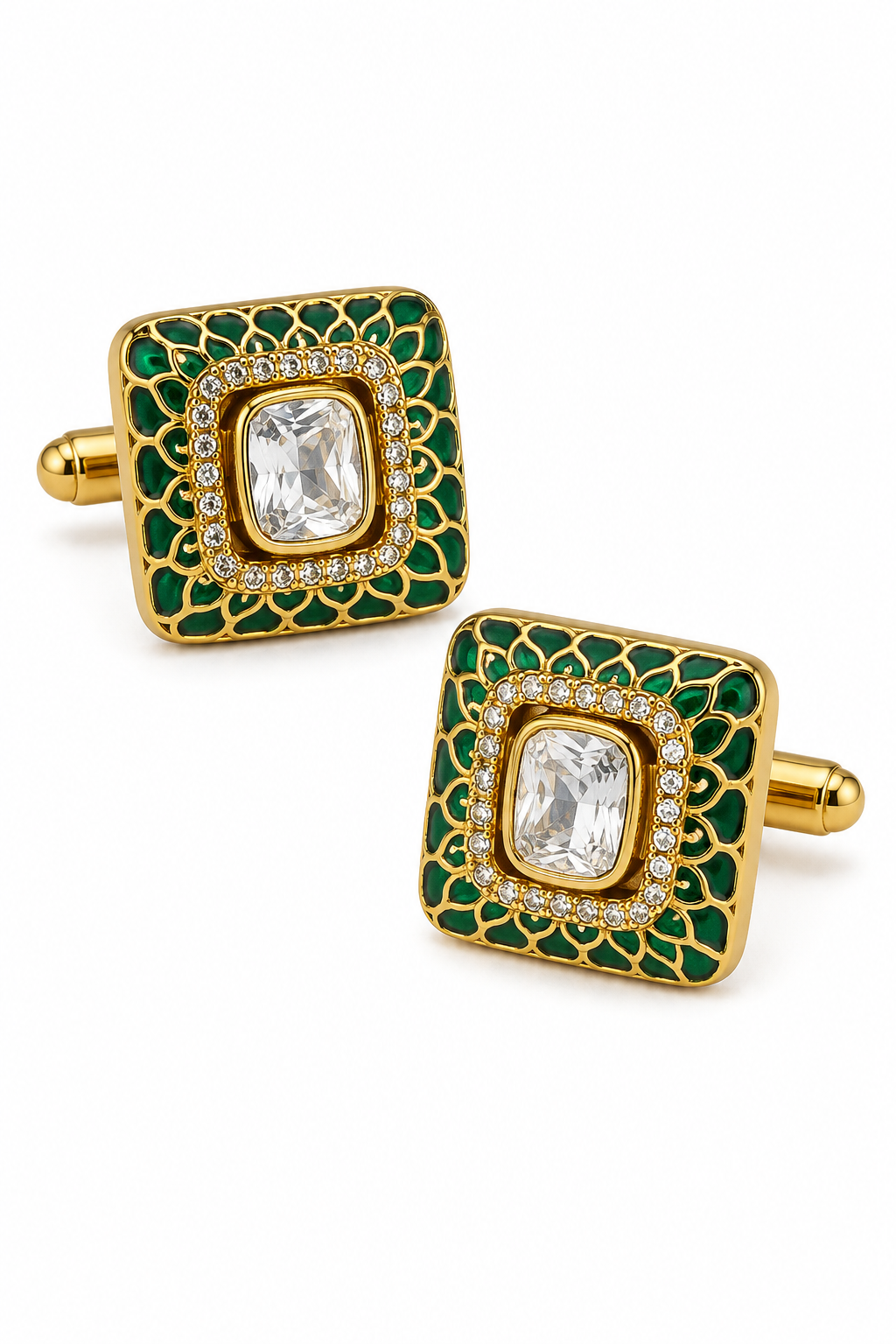 Ornate Green Enamel Cufflinks – Gold Finish Square Jewelry for Weddings and Formal Gifting