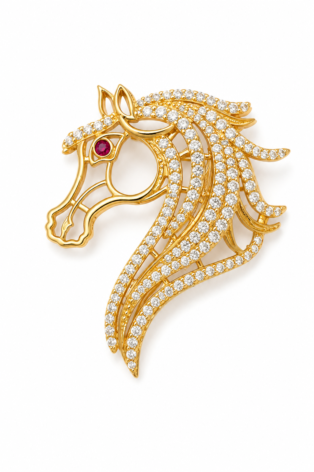 Crystal Pavé Horse Head Brooch with Ruby Eye in Gold — Equestrian Statement Pin