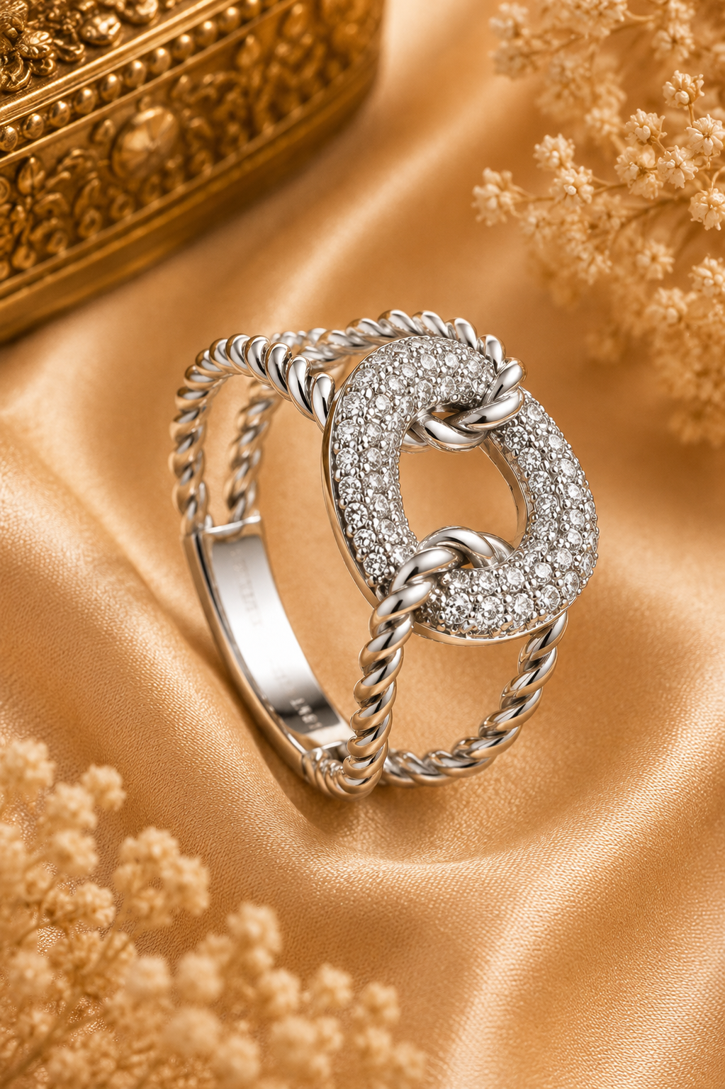 Diamond Pavé Chain Link Rope Ring in White Gold