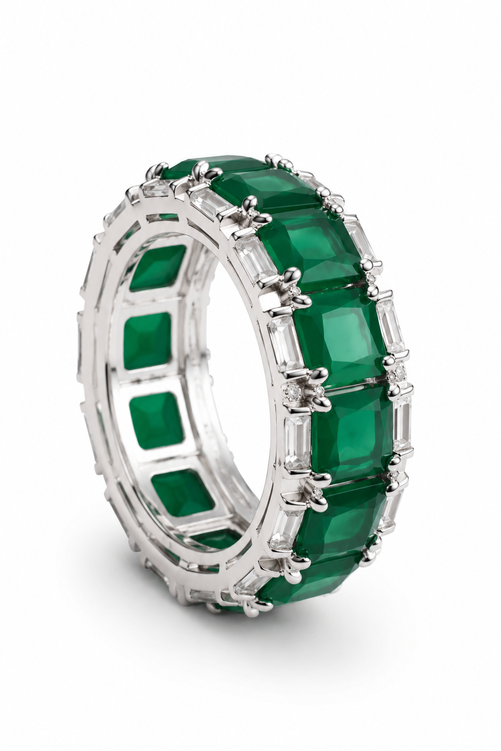 Emerald & Diamond Eternity Band Ring in White Gold