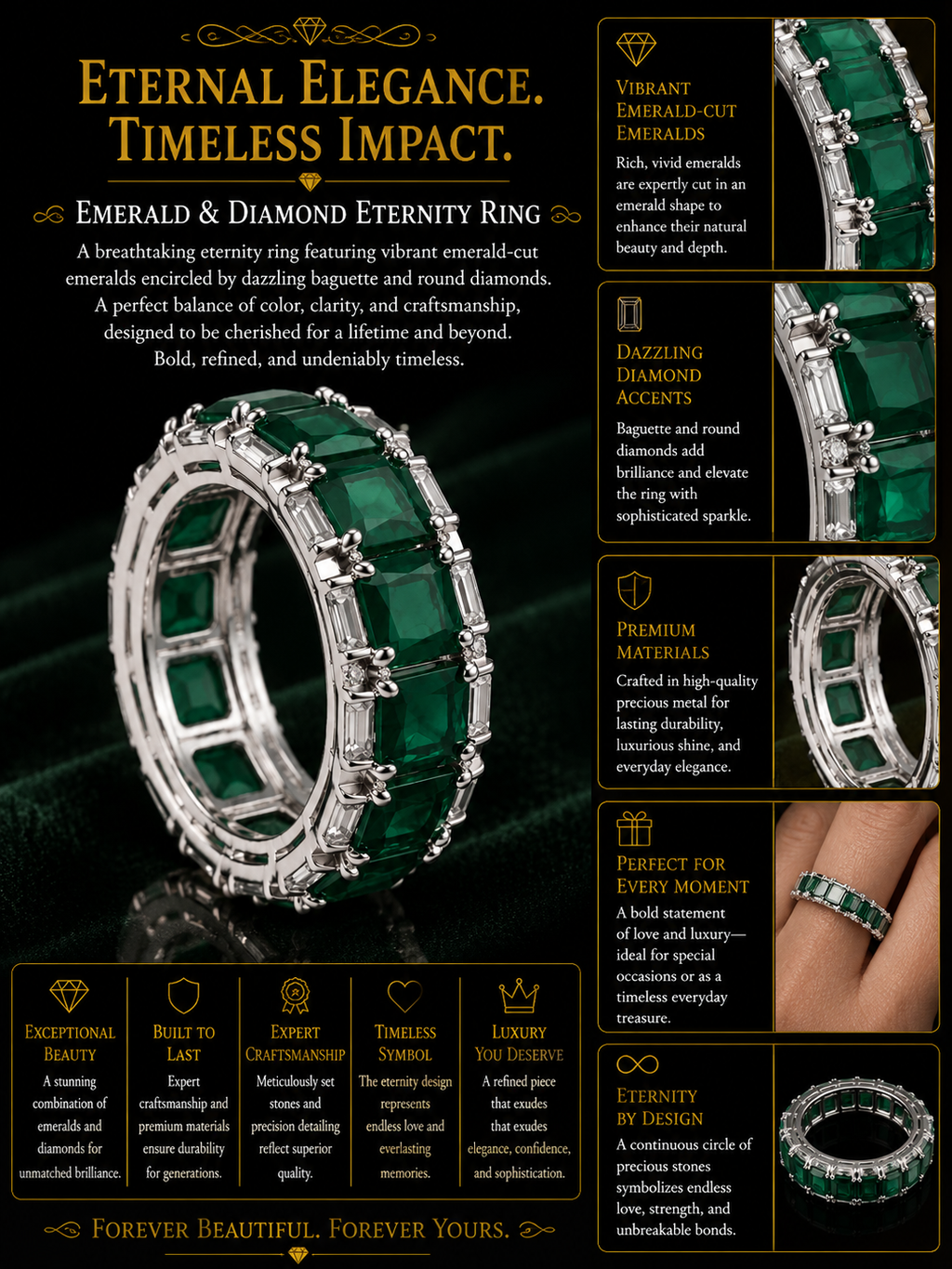 Emerald & Diamond Eternity Band Ring in White Gold