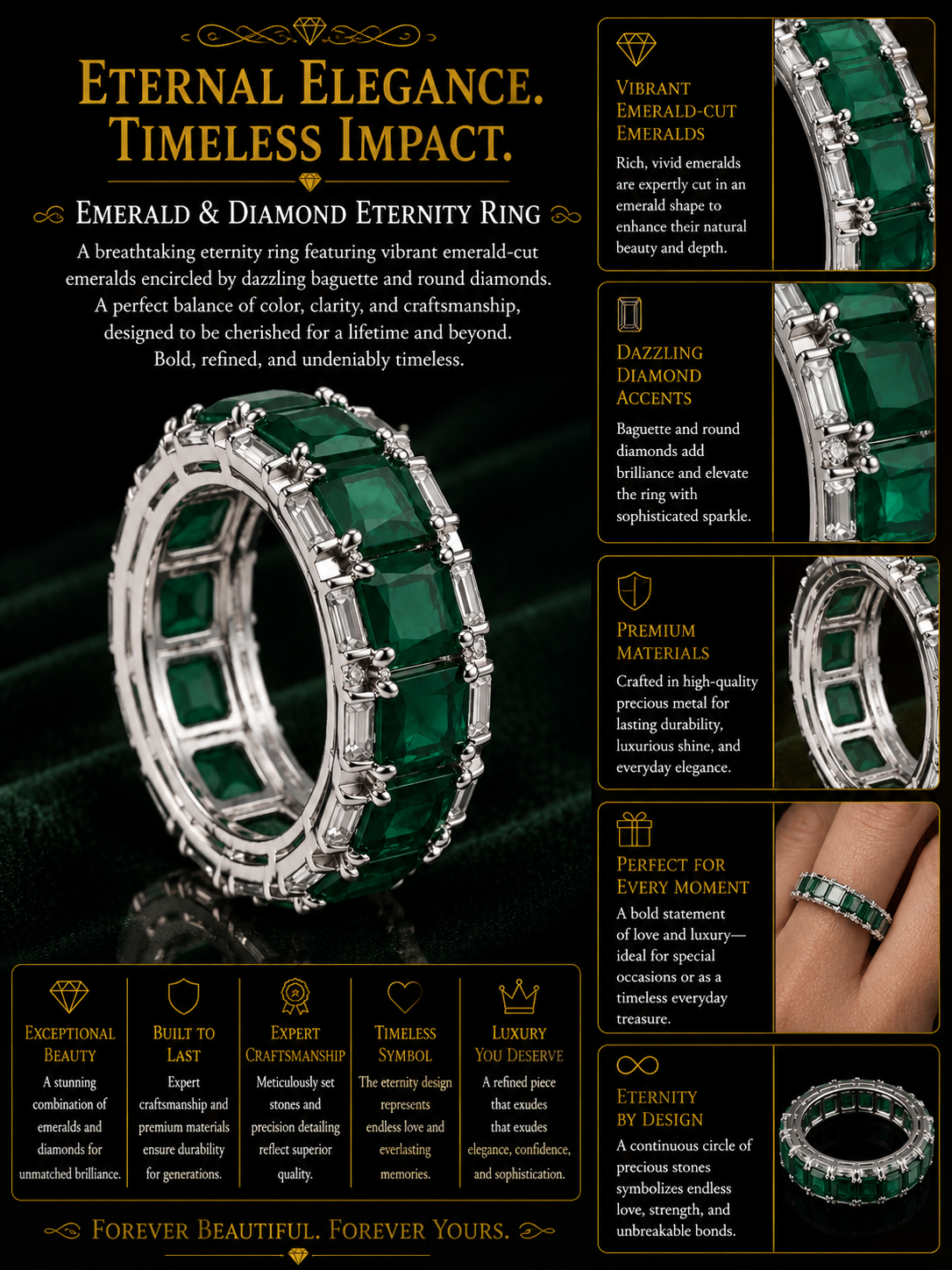 Emerald & Diamond Eternity Band Ring in White Gold