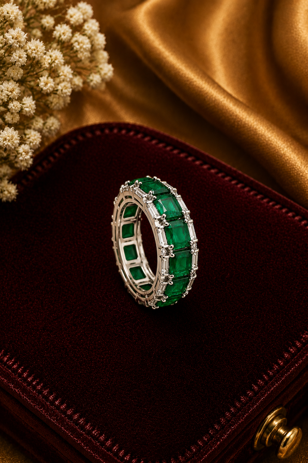 Emerald & Diamond Eternity Band Ring in White Gold