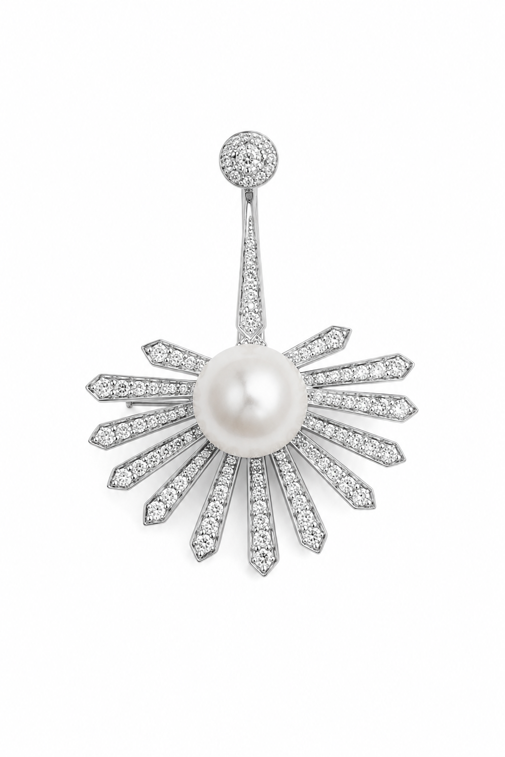 South Sea Pearl & Diamond Sunburst Brooch in White Gold