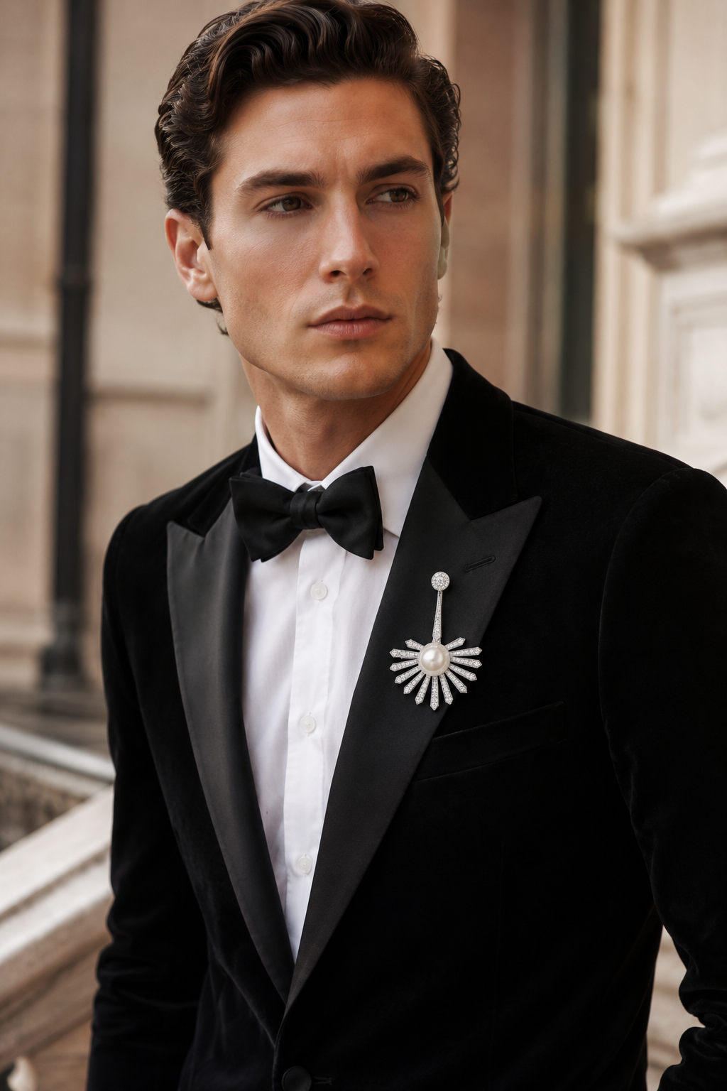 South Sea Pearl & Diamond Sunburst Brooch in White Gold