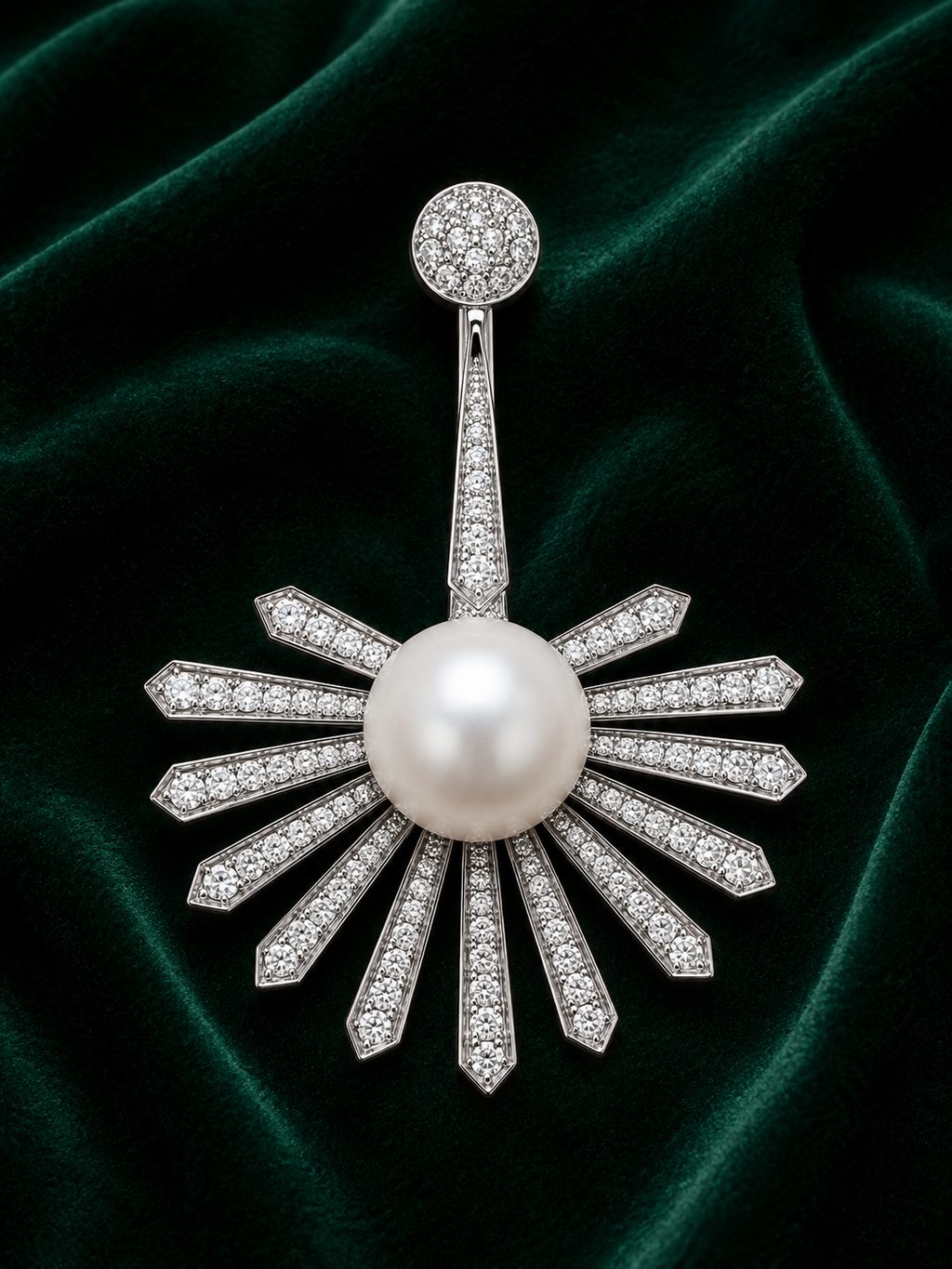 South Sea Pearl & Diamond Sunburst Brooch in White Gold