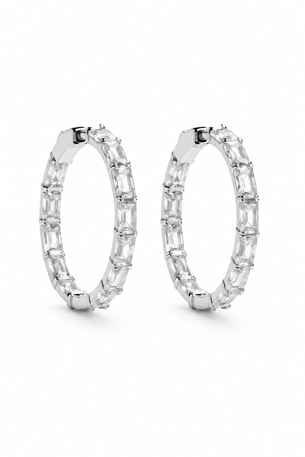Emerald-Cut Diamond Hoop Earrings in White Gold
