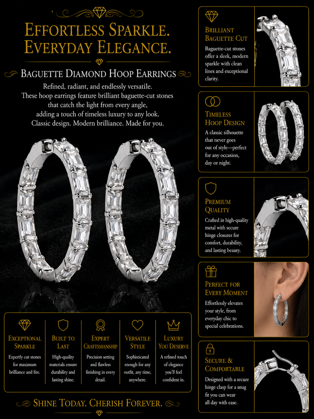 Emerald-Cut Diamond Hoop Earrings in White Gold