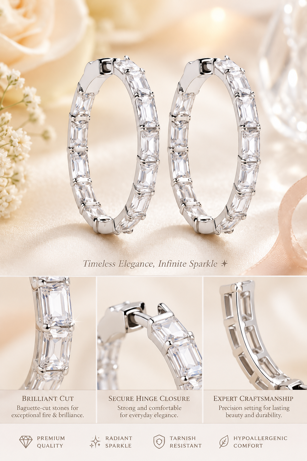Emerald-Cut Diamond Hoop Earrings in White Gold