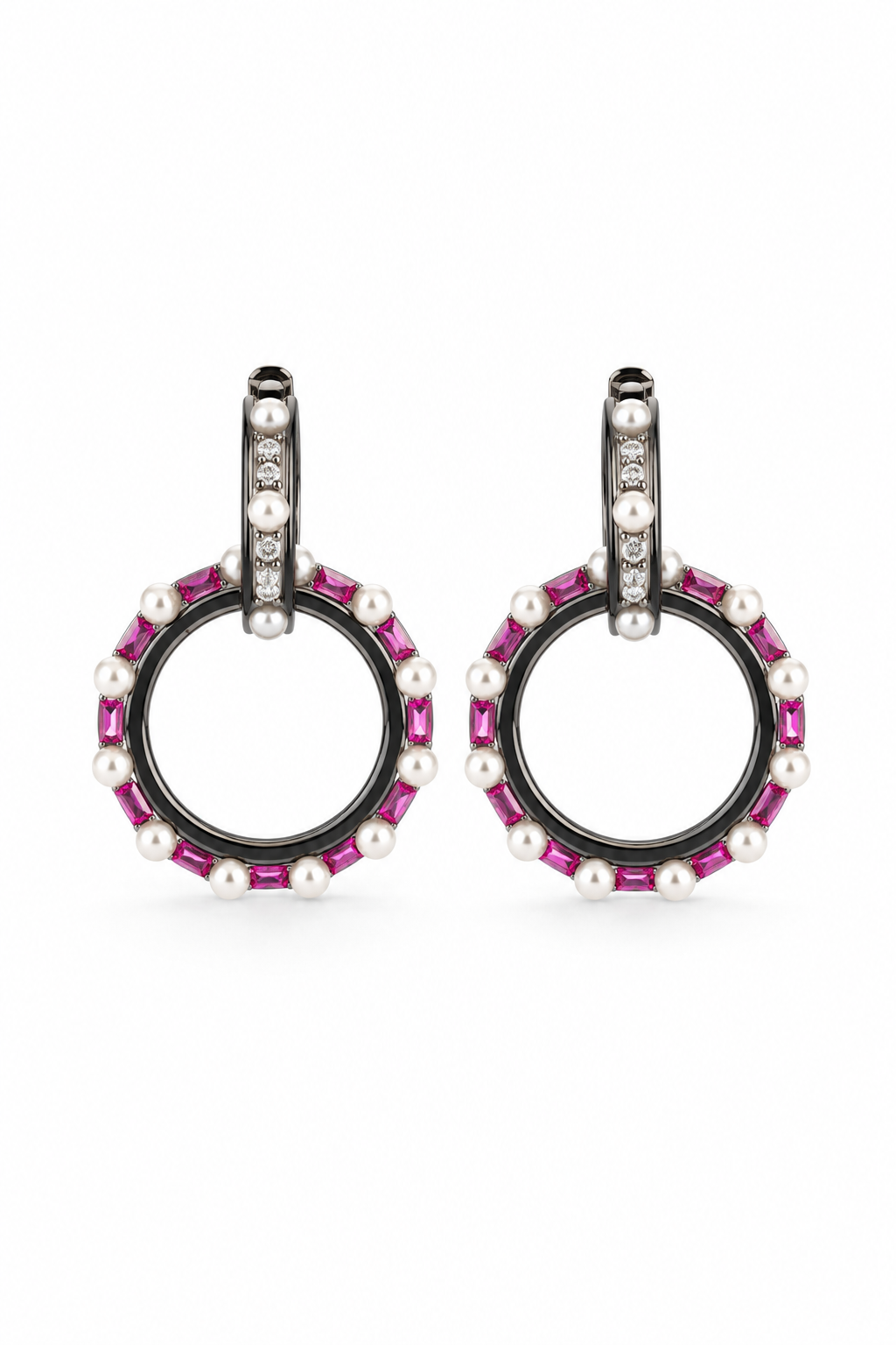 Ruby Baguette & Pearl Open Circle Drop Earrings in Black Rhodium Gold