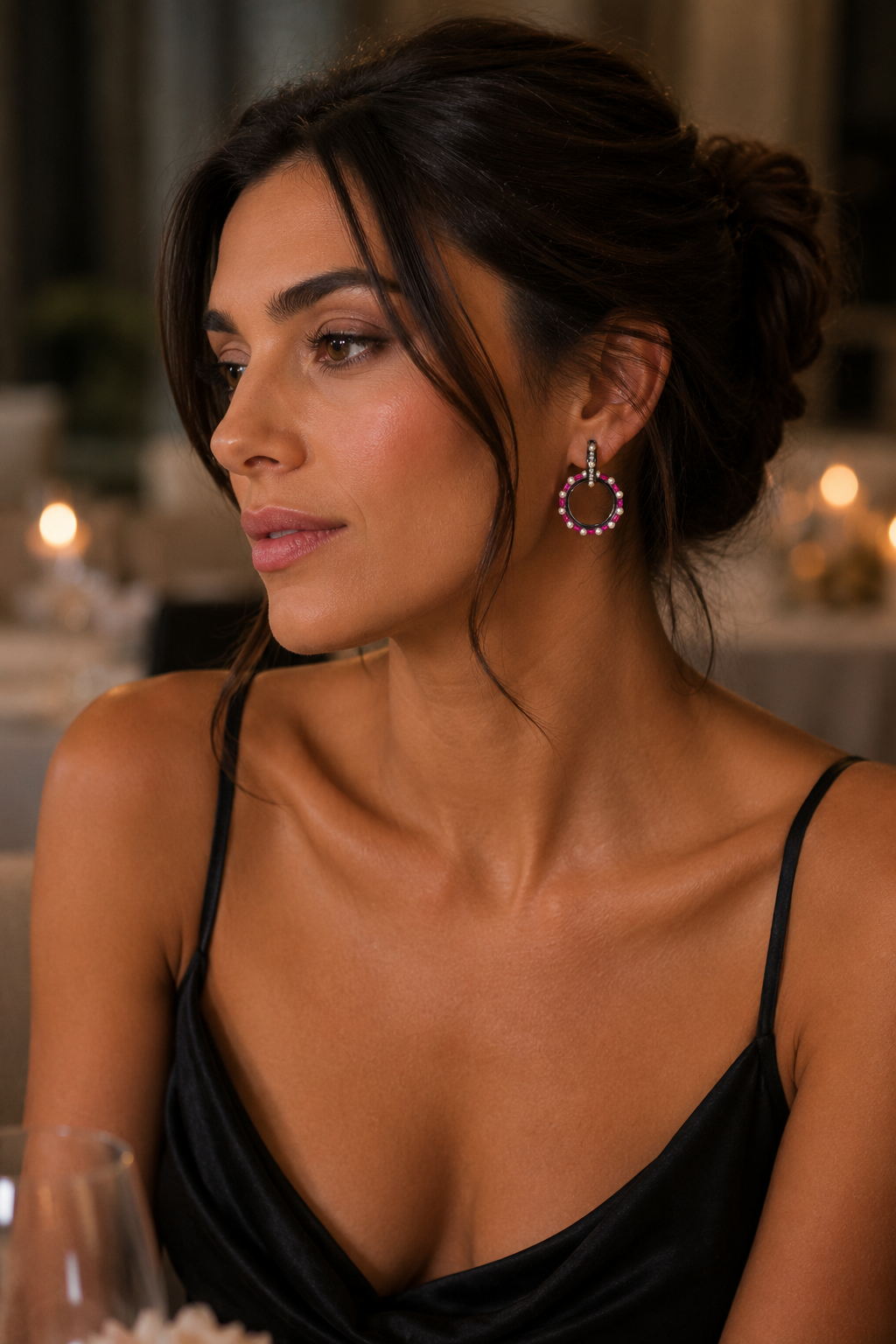 Ruby Baguette & Pearl Open Circle Drop Earrings in Black Rhodium Gold