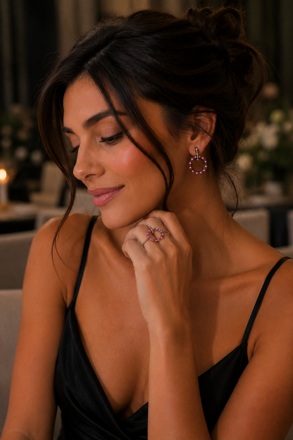 Ruby Baguette & Pearl Open Circle Drop Earrings in Black Rhodium Gold