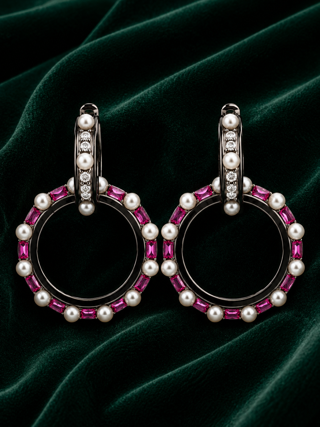 Ruby Baguette & Pearl Open Circle Drop Earrings in Black Rhodium Gold