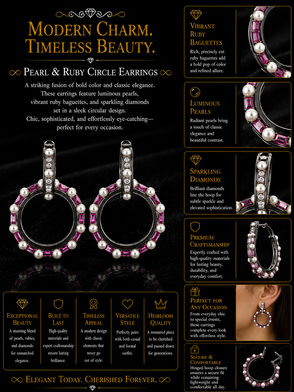 Ruby Baguette & Pearl Open Circle Drop Earrings in Black Rhodium Gold