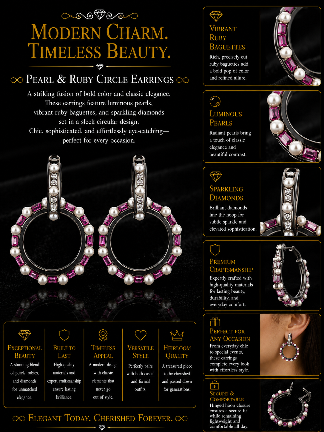 Ruby Baguette & Pearl Open Circle Drop Earrings in Black Rhodium Gold