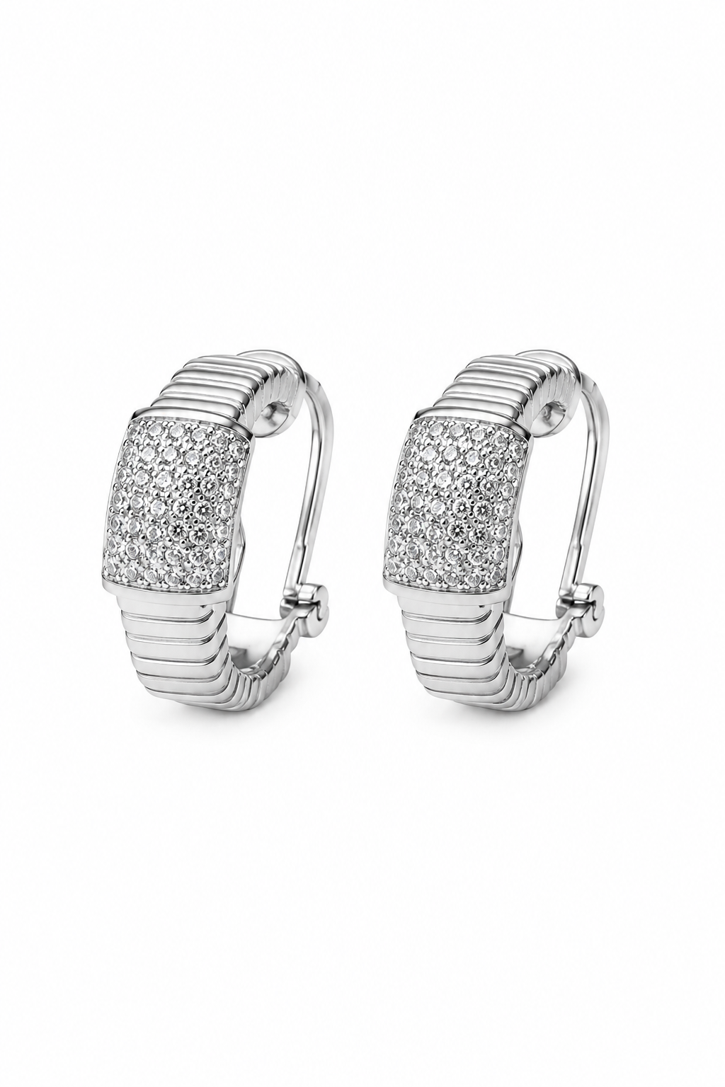 Pavé Diamond Ribbed Huggie Earrings in White Gold & Rose Gold