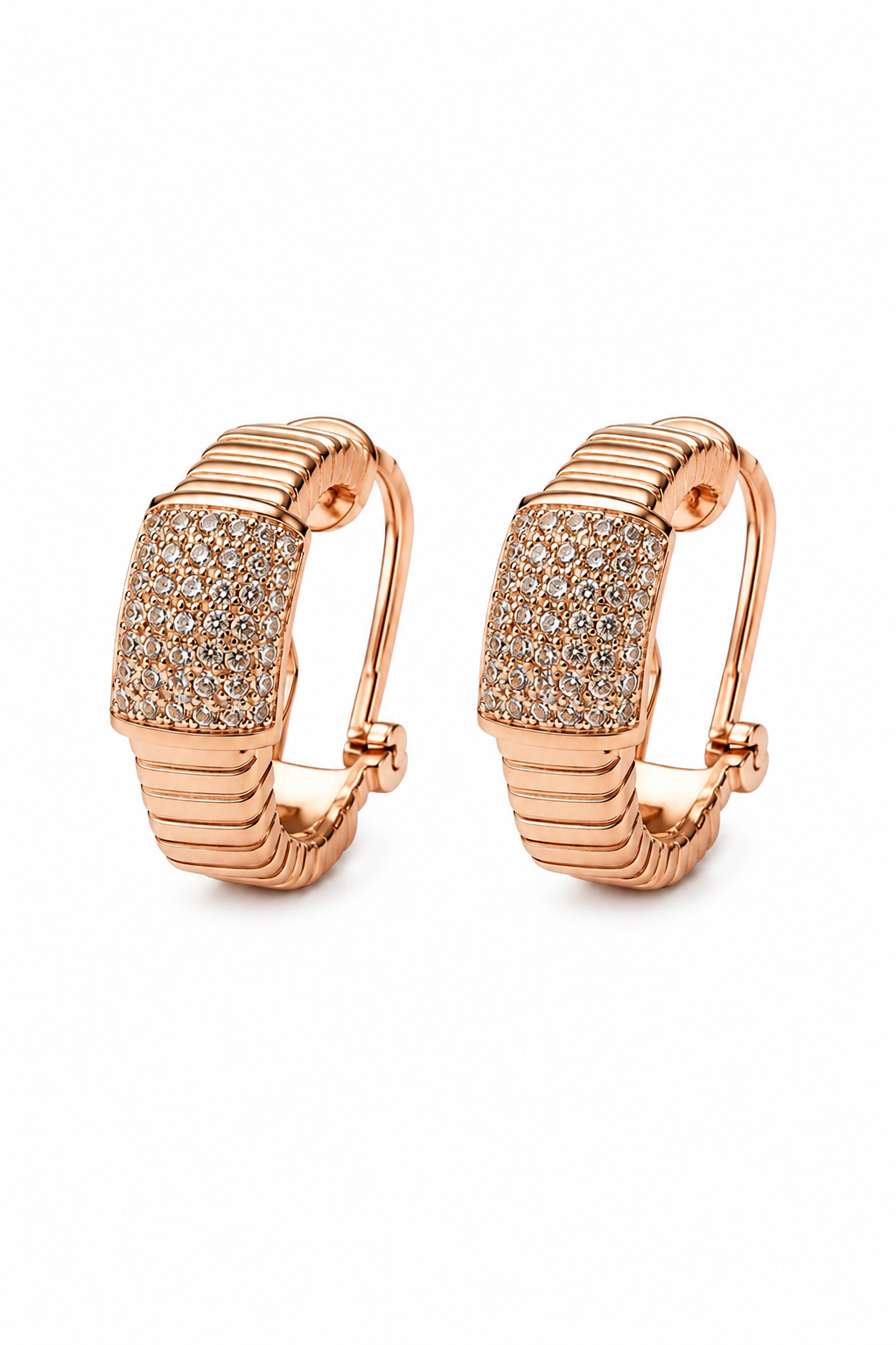 Pavé Diamond Ribbed Huggie Earrings in White Gold & Rose Gold