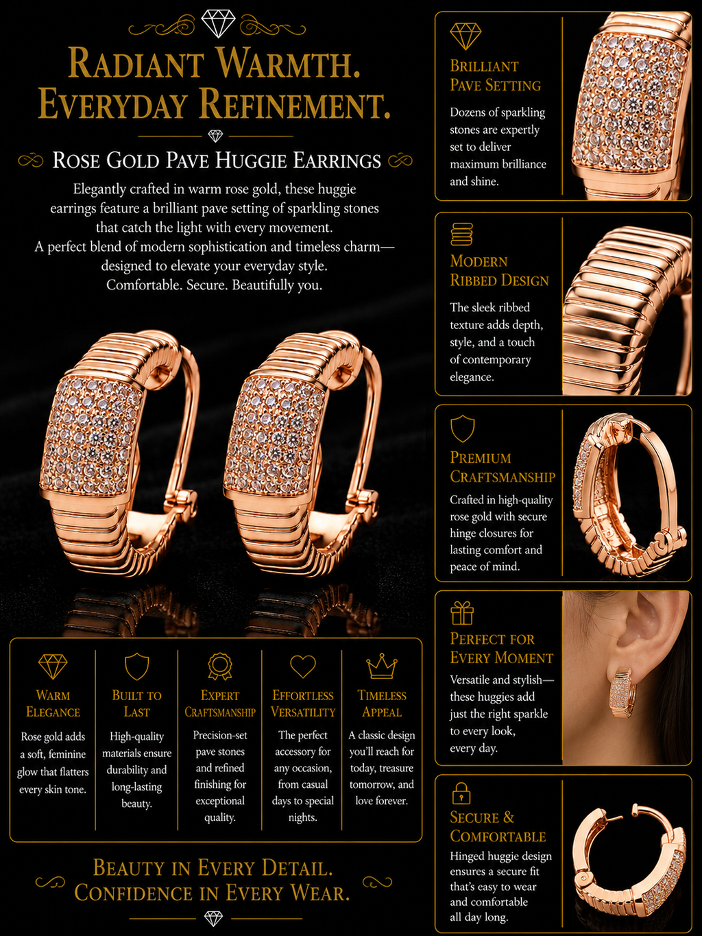 Pavé Diamond Ribbed Huggie Earrings in White Gold & Rose Gold
