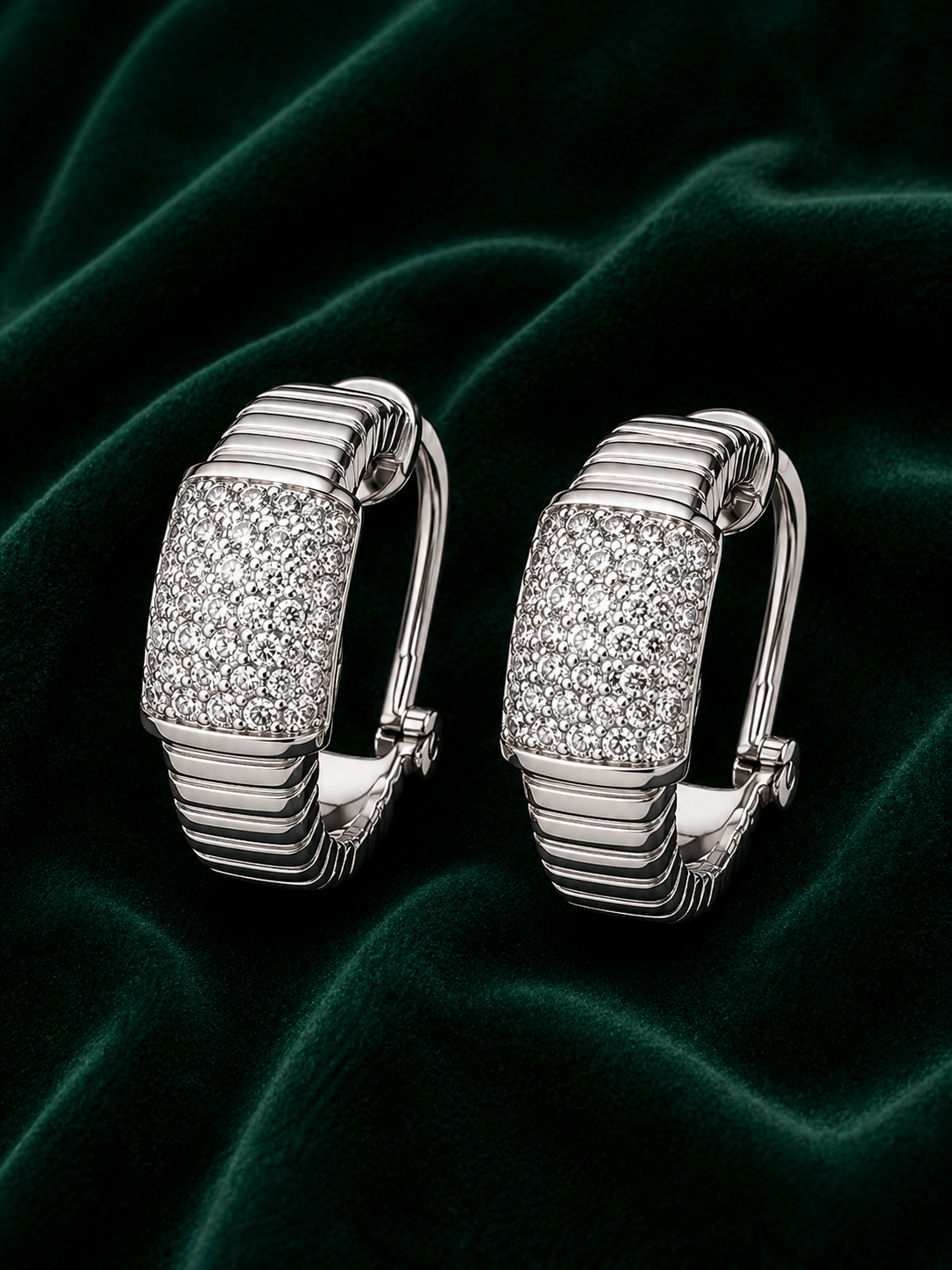 Pavé Diamond Ribbed Huggie Earrings in White Gold & Rose Gold