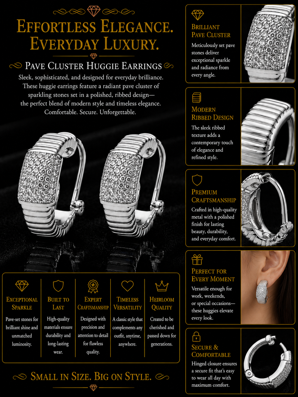 Pavé Diamond Ribbed Huggie Earrings in White Gold & Rose Gold