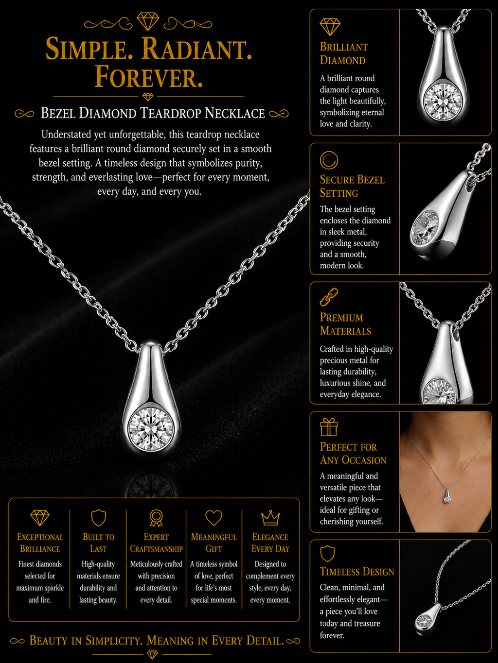 Solitaire Diamond Teardrop Pendant Necklace in White Gold