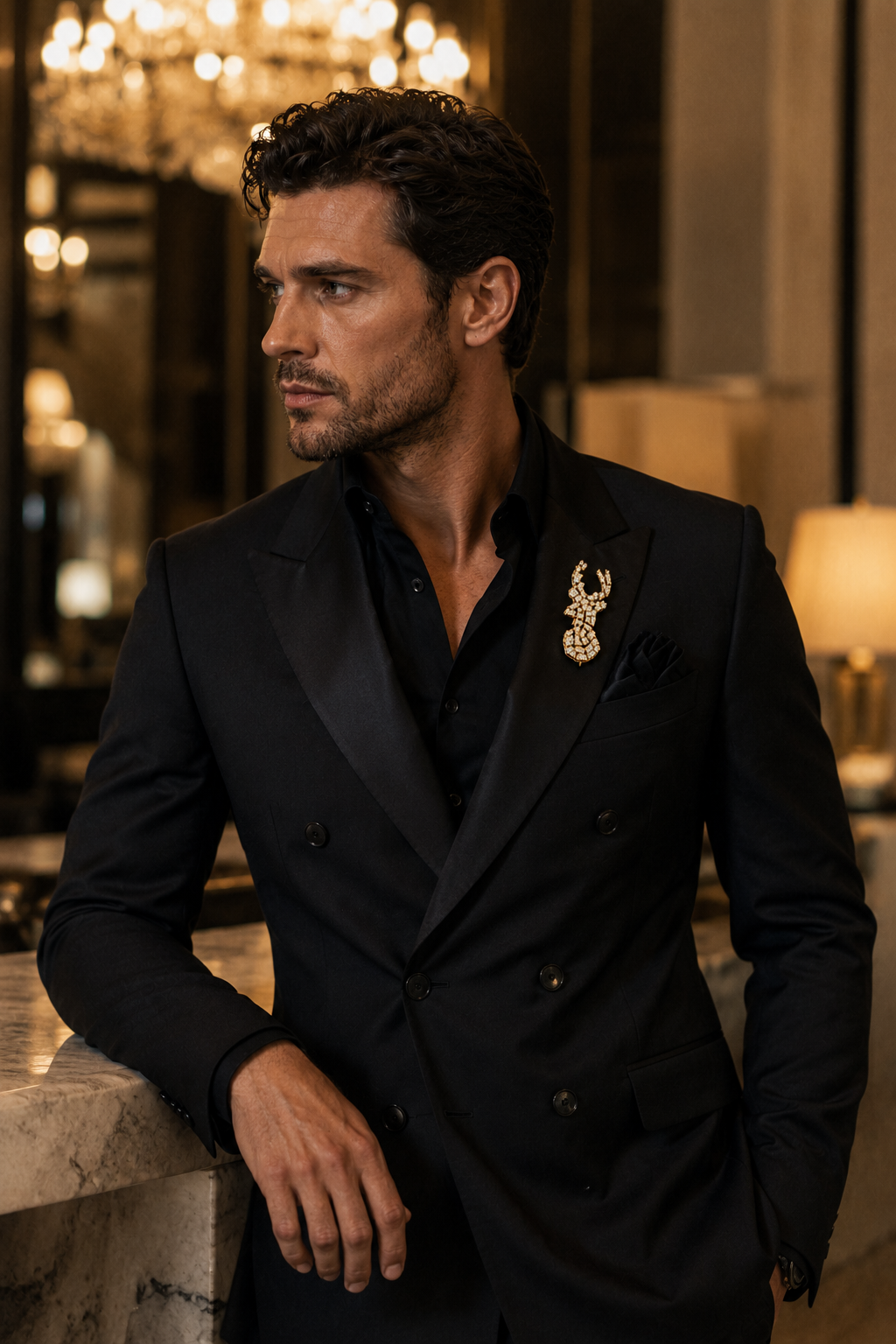 Crystal Pavé Stag Head Brooch in Gold — Geometric Deer Lapel Pin