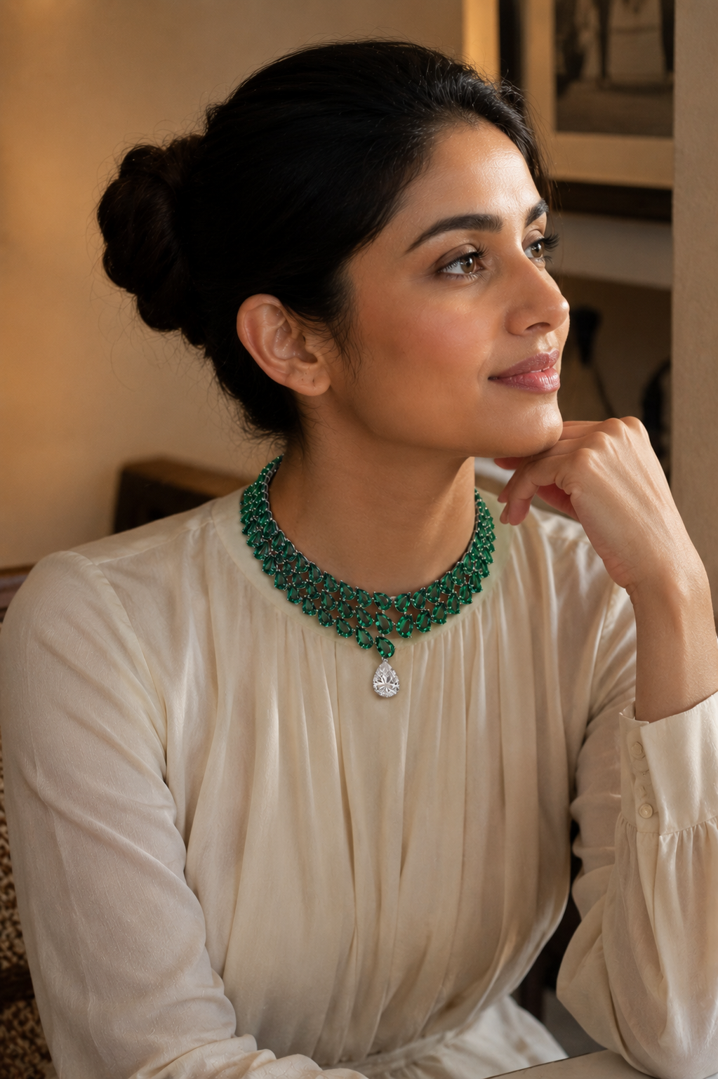 Emerald Veil Drop Choker Necklace