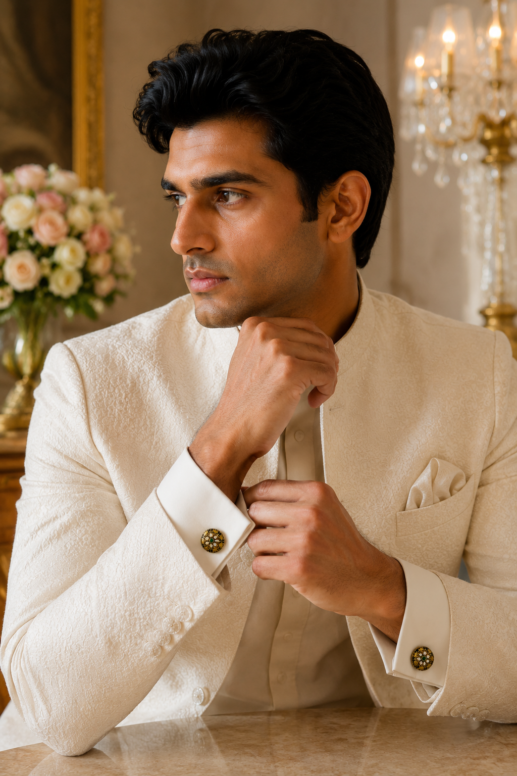 Round Black Enamel Cufflinks – Gold Floral Motif with Green Stone for Weddings