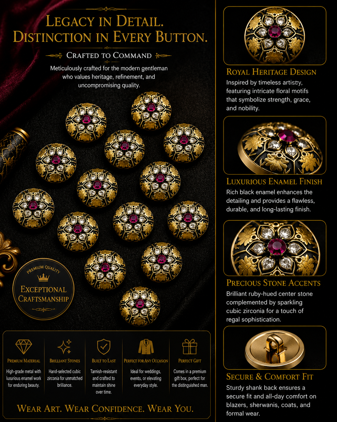 Ornate Floral Jewelry Buttons for Sherwanis & Blazers – Ruby Red and Crystal