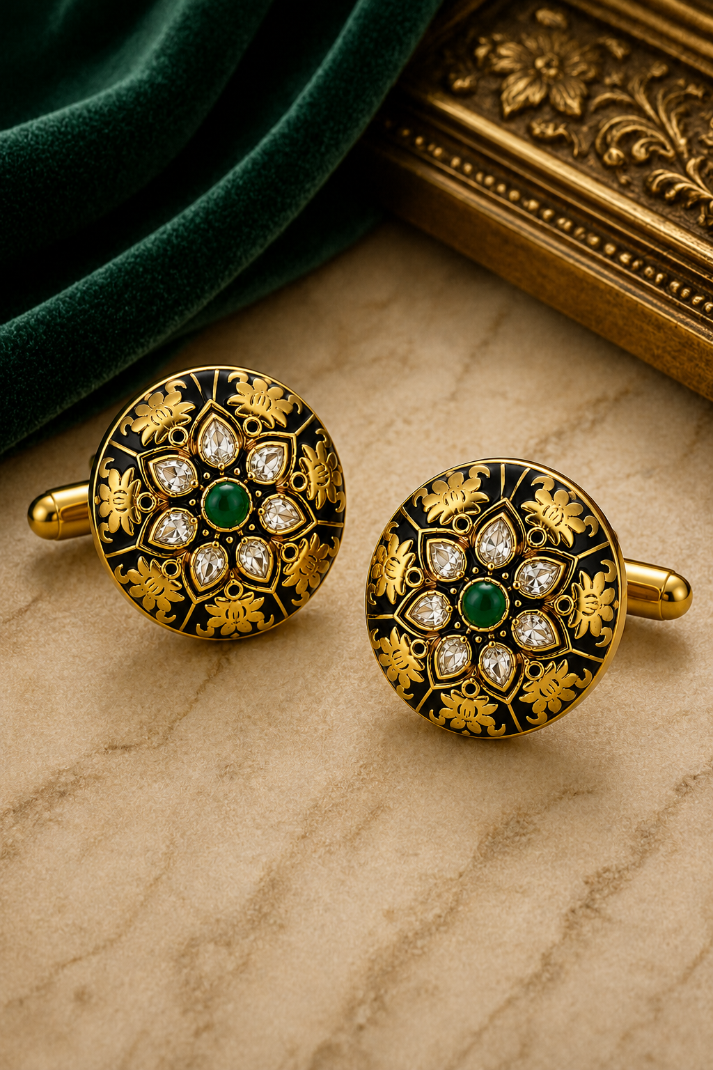 Round Black Enamel Cufflinks – Gold Floral Motif with Green Stone for Weddings