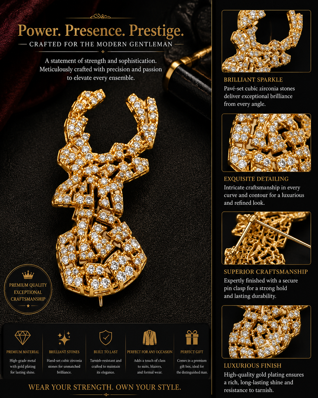 Crystal Pavé Stag Head Brooch in Gold — Geometric Deer Lapel Pin