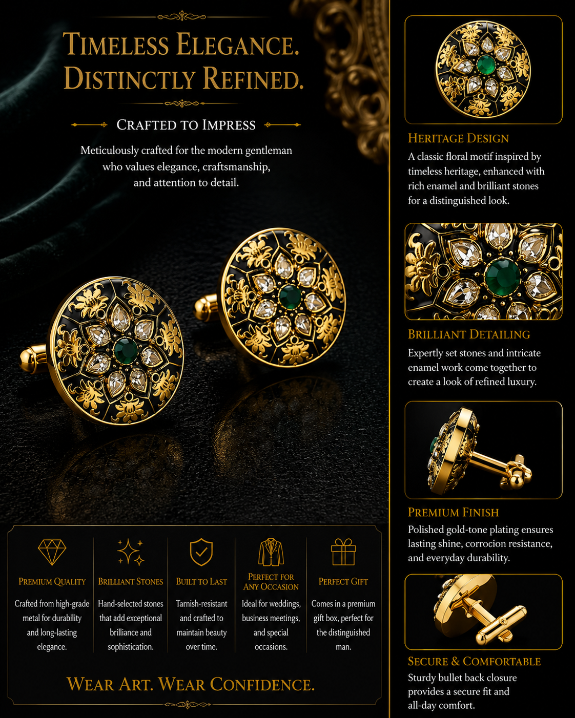 Round Black Enamel Cufflinks – Gold Floral Motif with Green Stone for Weddings