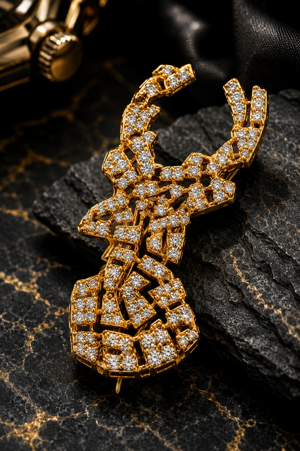 Crystal Pavé Stag Head Brooch in Gold — Geometric Deer Lapel Pin