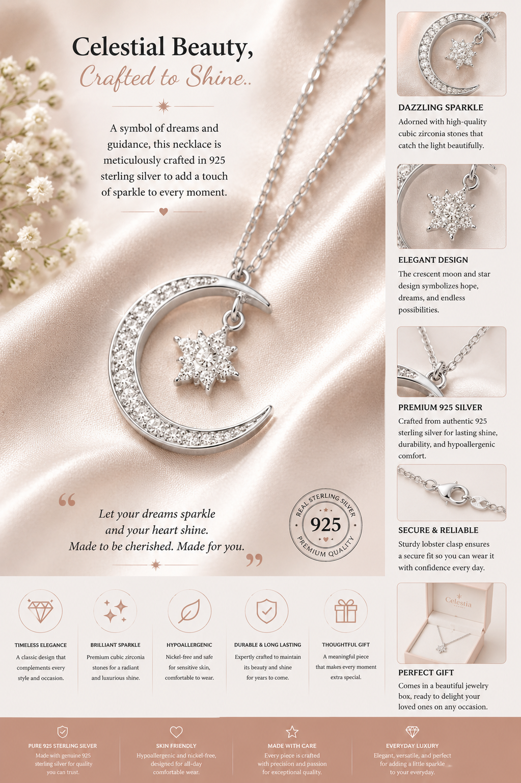 Celestial Moon & Star Pendant Necklace in 925 Sterling Silver
