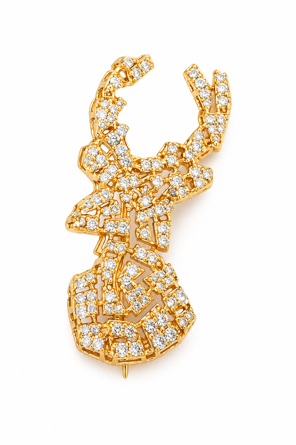Crystal Pavé Stag Head Brooch in Gold — Geometric Deer Lapel Pin