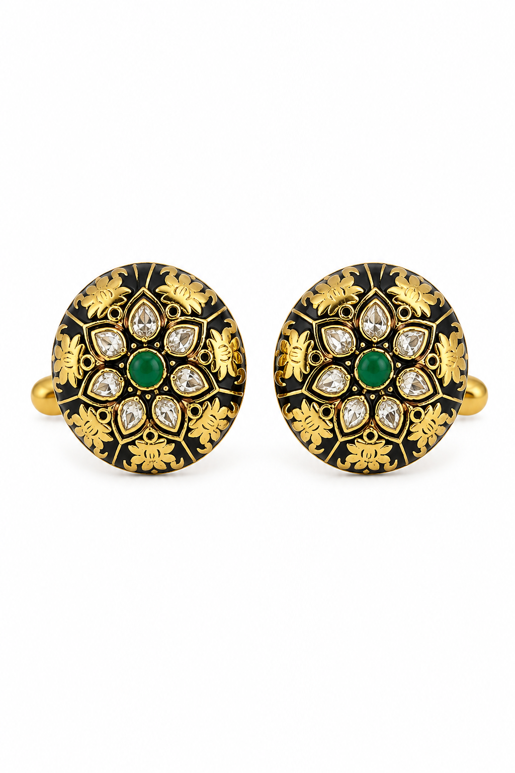 Round Black Enamel Cufflinks – Gold Floral Motif with Green Stone for Weddings