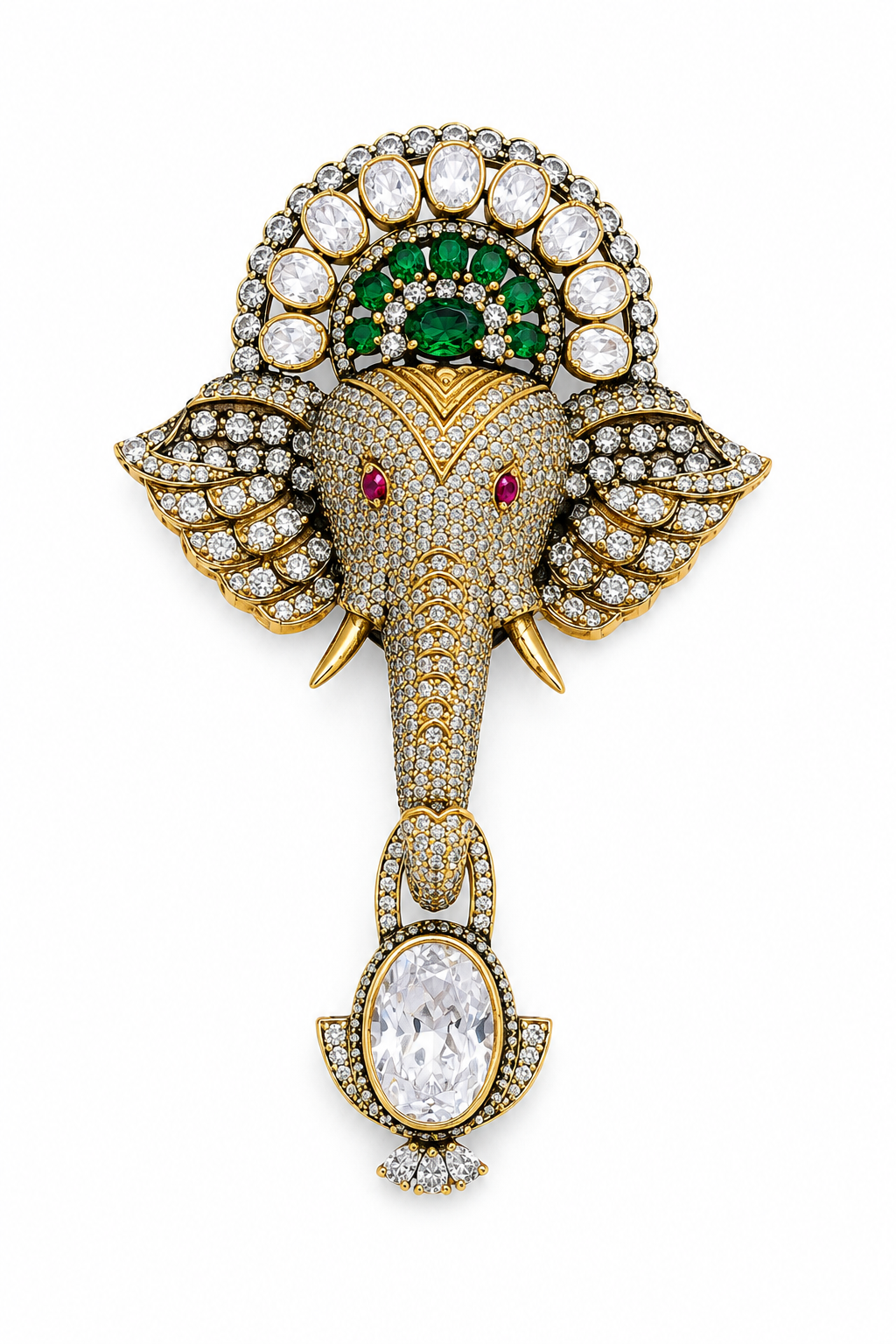 Royal Ganesha Crystal Brooch with Emerald Crown & Oval Solitaire Drop in Antique Gold