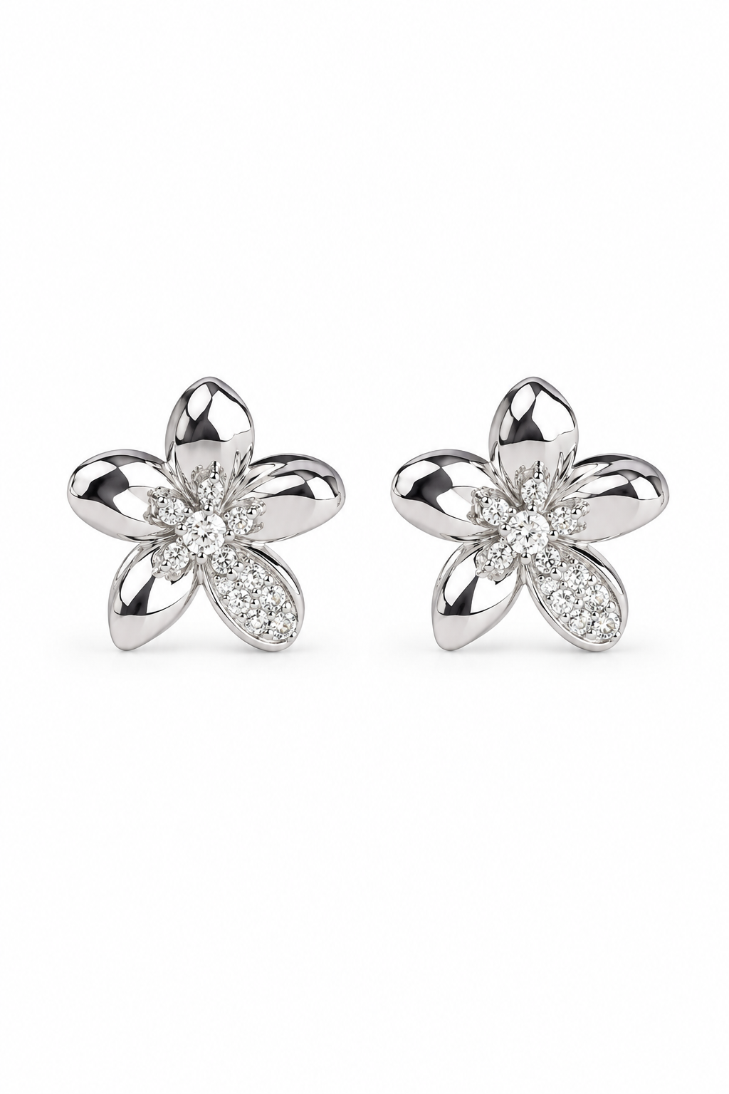 Diamond Plumeria Flower Stud Earrings in White Gold