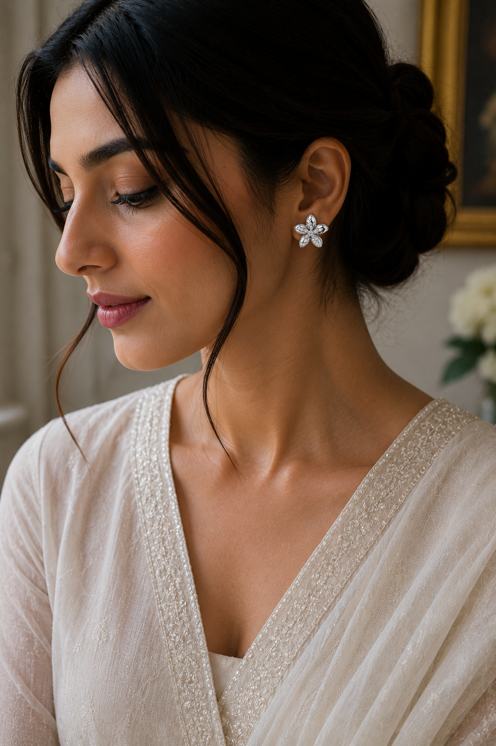 Diamond Plumeria Flower Stud Earrings in White Gold