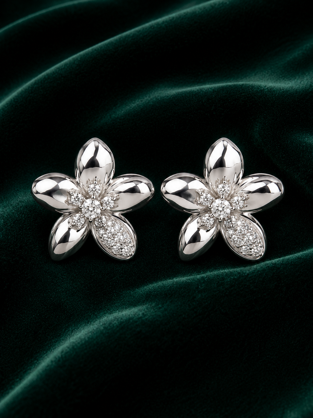 Diamond Plumeria Flower Stud Earrings in White Gold