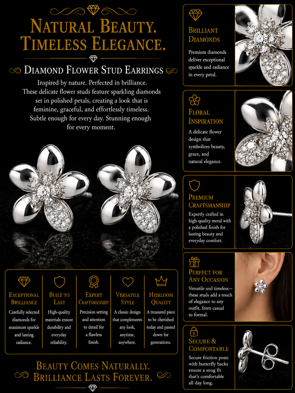 Diamond Plumeria Flower Stud Earrings in White Gold