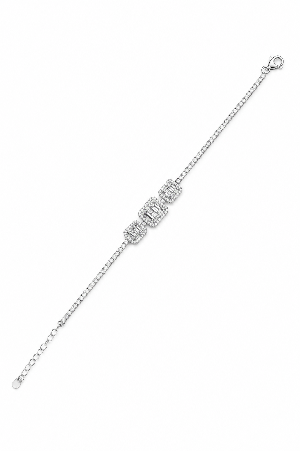 Triple Baguette Cluster Diamond Tennis Bracelet in White Gold