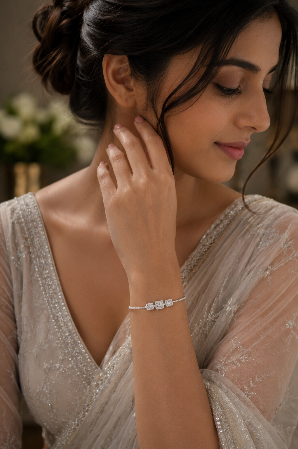 Triple Baguette Cluster Diamond Tennis Bracelet in White Gold