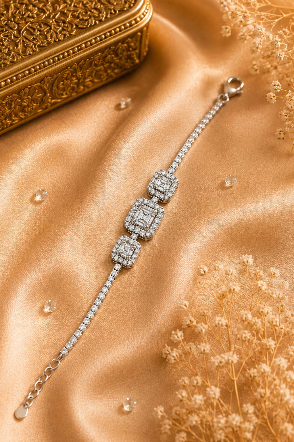 Triple Baguette Cluster Diamond Tennis Bracelet in White Gold
