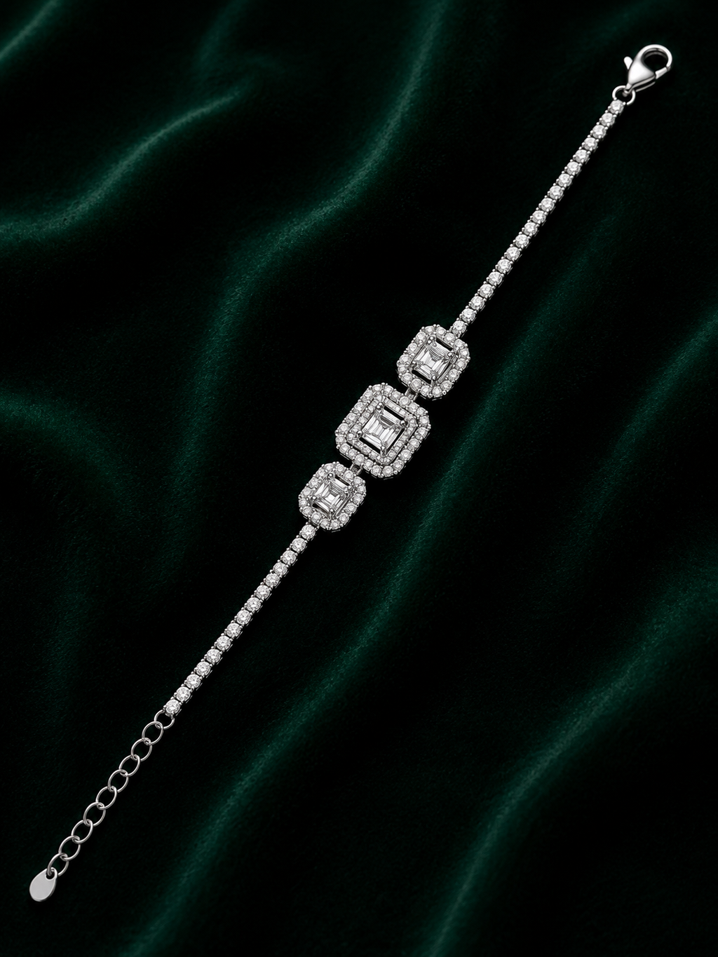 Triple Baguette Cluster Diamond Tennis Bracelet in White Gold