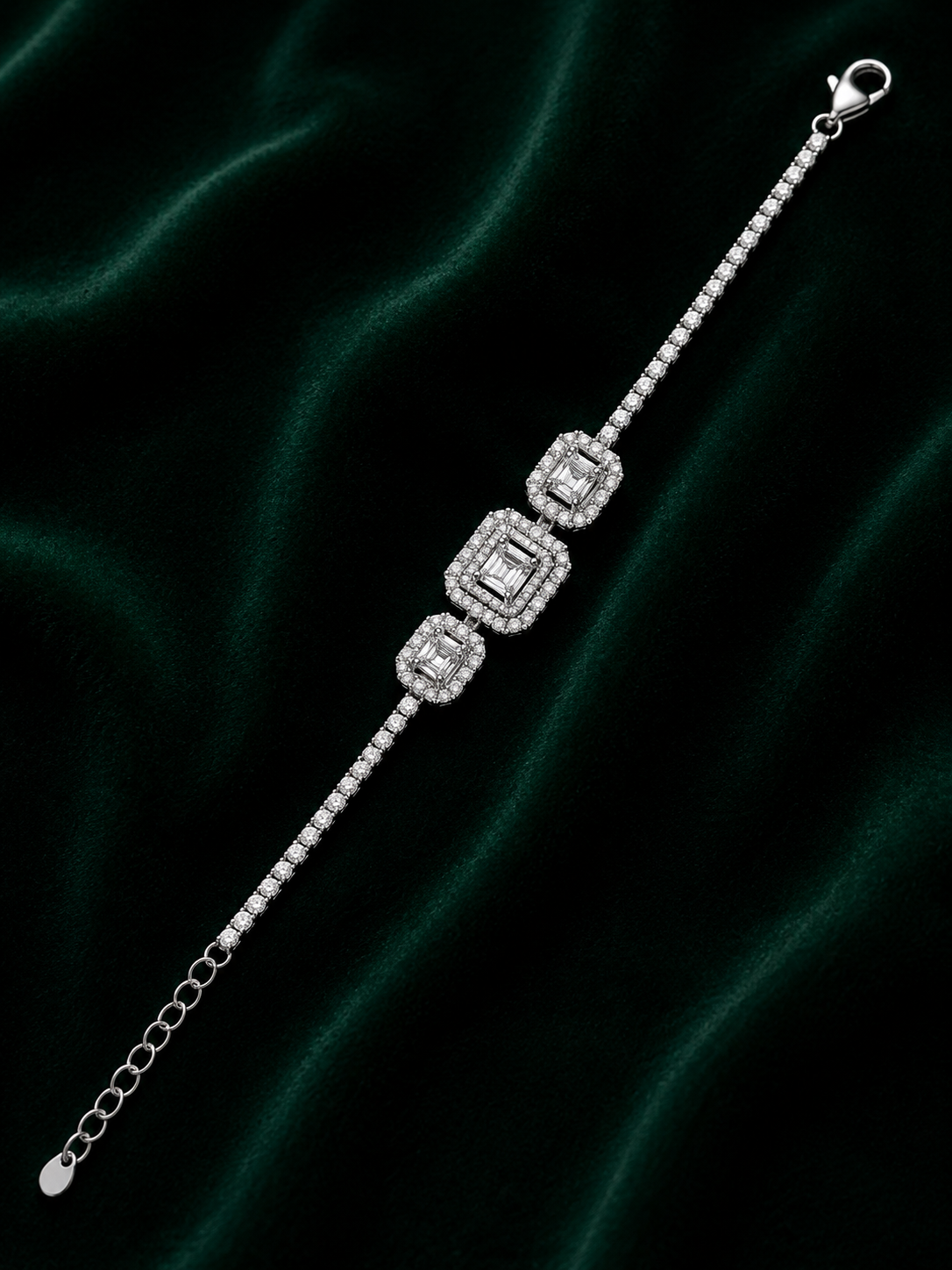 Triple Baguette Cluster Diamond Tennis Bracelet in White Gold