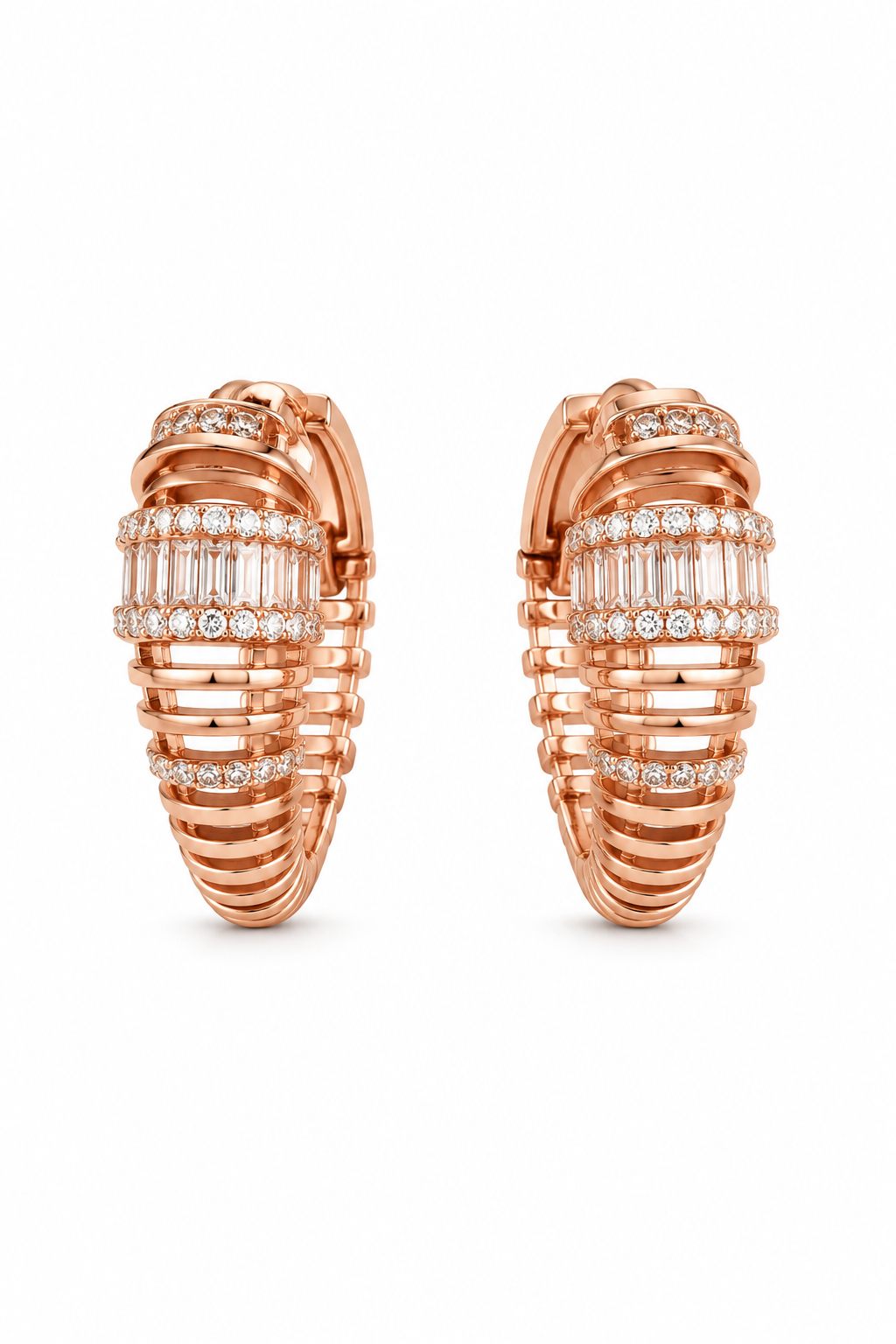 Baguette & Pavé Diamond Ribbed Dome Hoop Earrings in Rose Gold