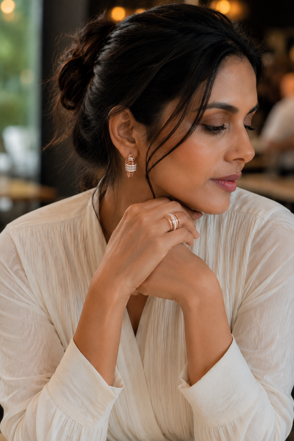 Baguette & Pavé Diamond Ribbed Dome Hoop Earrings in Rose Gold