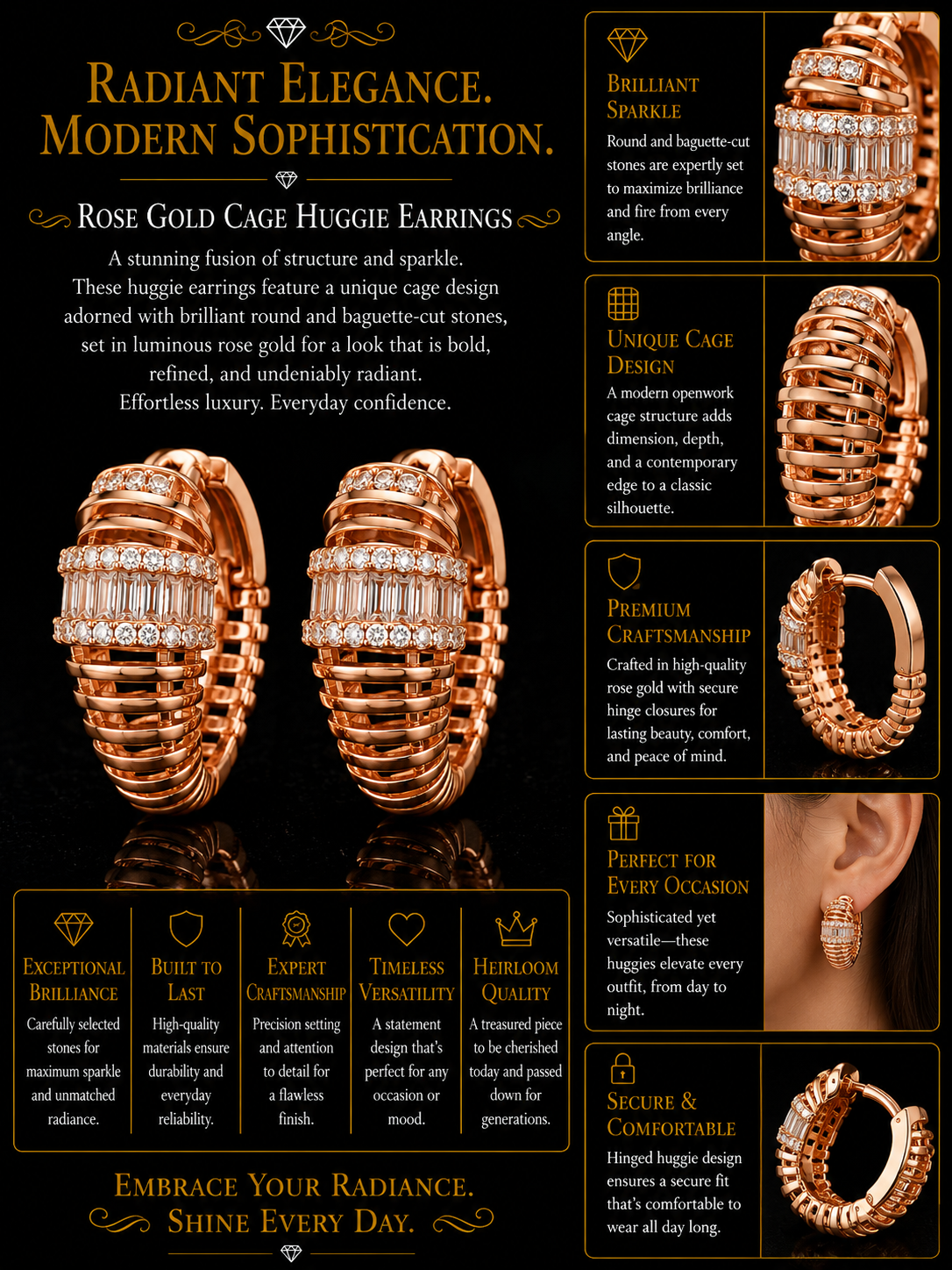 Baguette & Pavé Diamond Ribbed Dome Hoop Earrings in Rose Gold